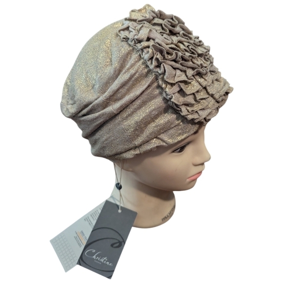 New Turban Christine Headwear Aimee Turban taupe foil Neutral print linen NWT - Picture 2 of 9